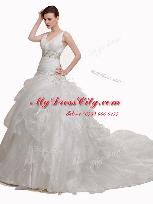 With Train White Wedding Dress Organza Court Train Sleeveless Beading and Appliques and Ruffles and Pick Ups