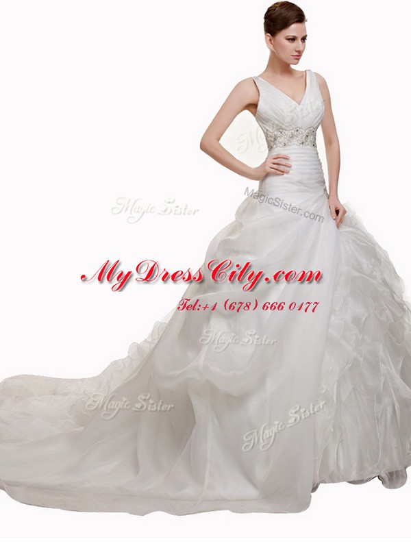 With Train White Wedding Dress Organza Court Train Sleeveless Beading and Appliques and Ruffles and Pick Ups