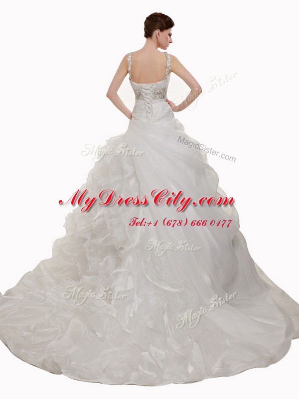 With Train White Wedding Dress Organza Court Train Sleeveless Beading and Appliques and Ruffles and Pick Ups