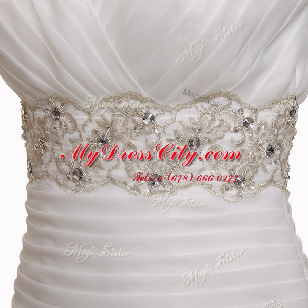 With Train White Wedding Dress Organza Court Train Sleeveless Beading and Appliques and Ruffles and Pick Ups