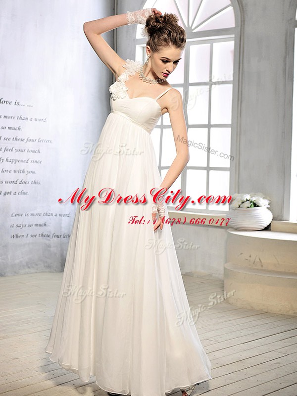 Deluxe Chiffon Sleeveless Floor Length Bridal Gown and Ruching and Hand Made Flower