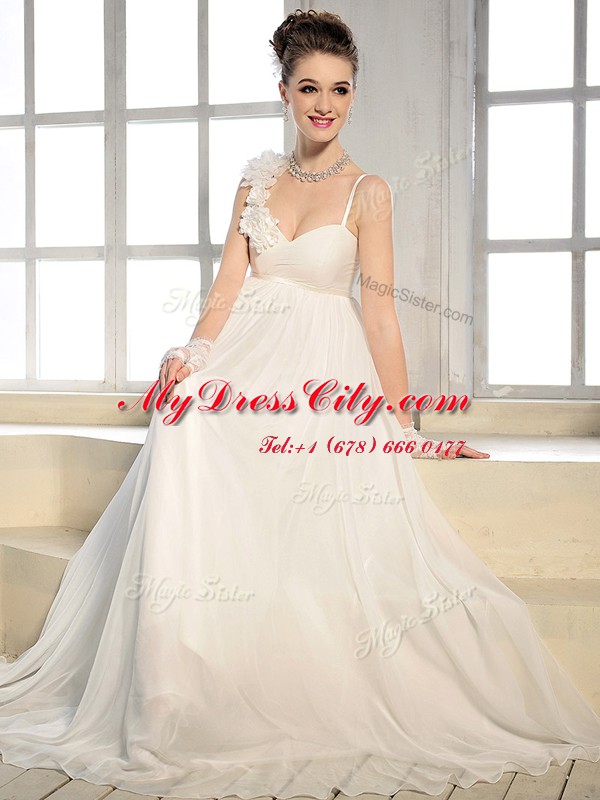 Deluxe Chiffon Sleeveless Floor Length Bridal Gown and Ruching and Hand Made Flower