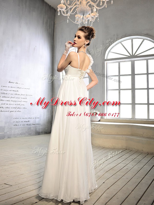 Deluxe Chiffon Sleeveless Floor Length Bridal Gown and Ruching and Hand Made Flower