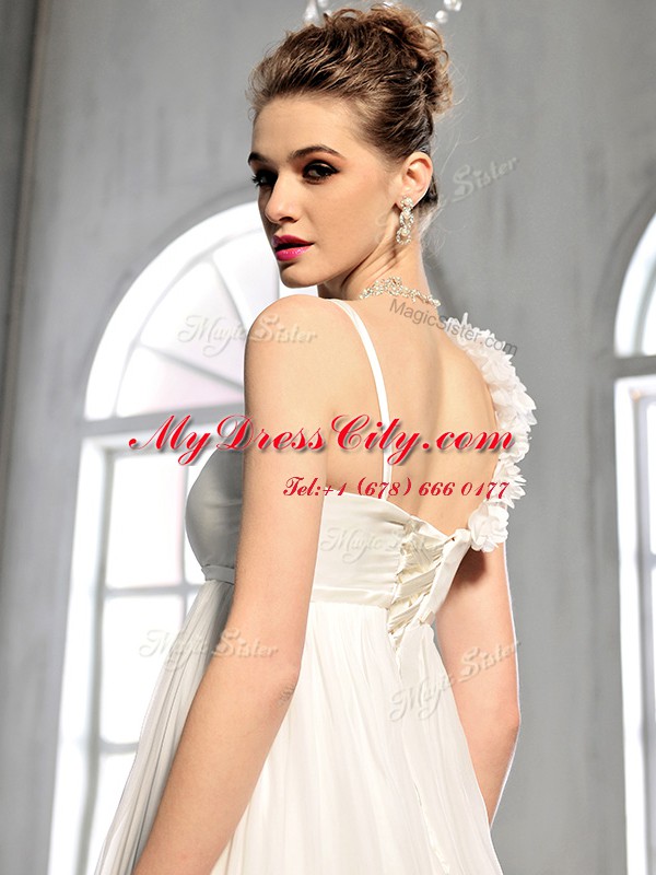 Deluxe Chiffon Sleeveless Floor Length Bridal Gown and Ruching and Hand Made Flower