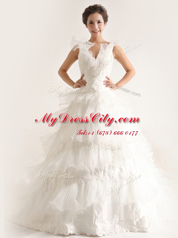 Sleeveless Brush Train Zipper With Train Ruffled Layers Bridal Gown