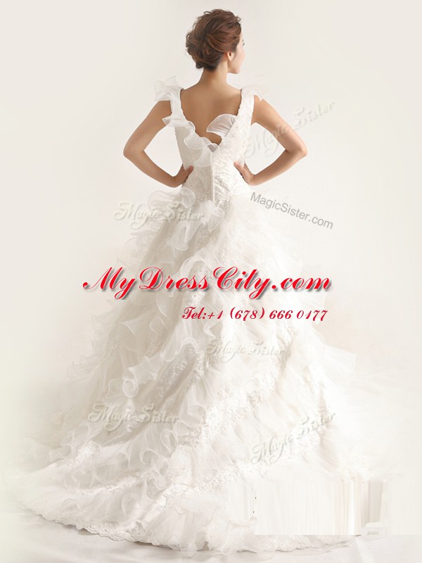 Sleeveless Brush Train Zipper With Train Ruffled Layers Bridal Gown