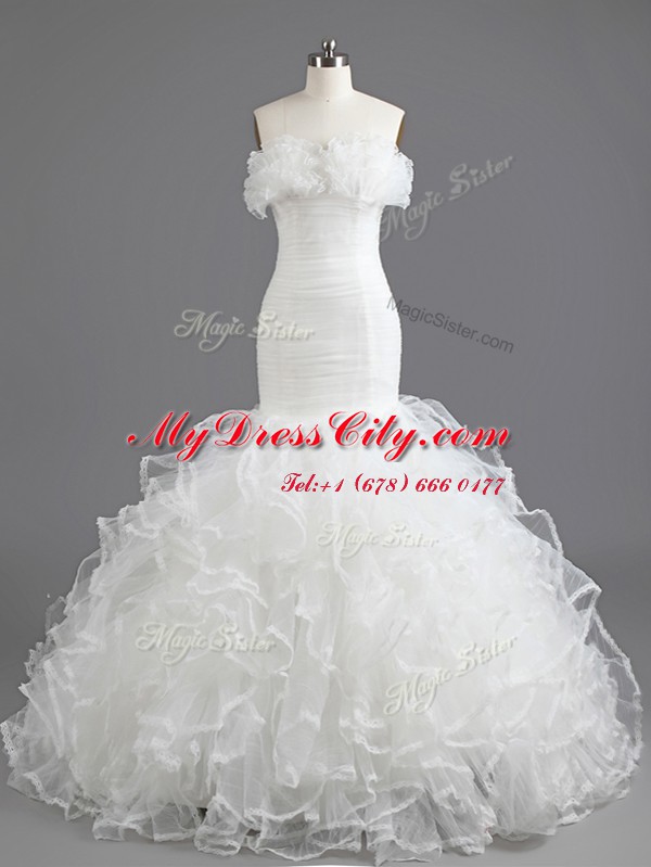 Modest Mermaid Organza Sweetheart Sleeveless Brush Train Lace Up Ruffles Wedding Dresses in White