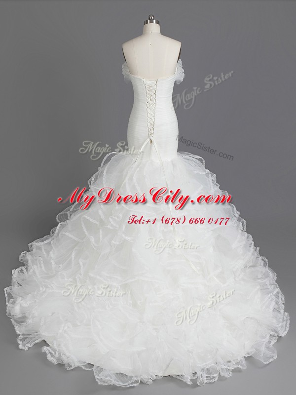 Modest Mermaid Organza Sweetheart Sleeveless Brush Train Lace Up Ruffles Wedding Dresses in White