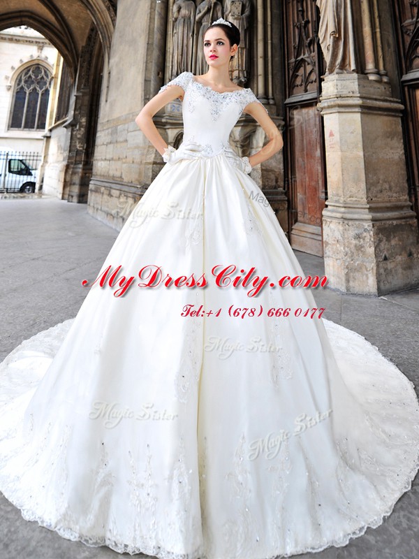 White Satin Side Zipper Off The Shoulder Cap Sleeves Wedding Gown Cathedral Train Beading and Lace and Appliques