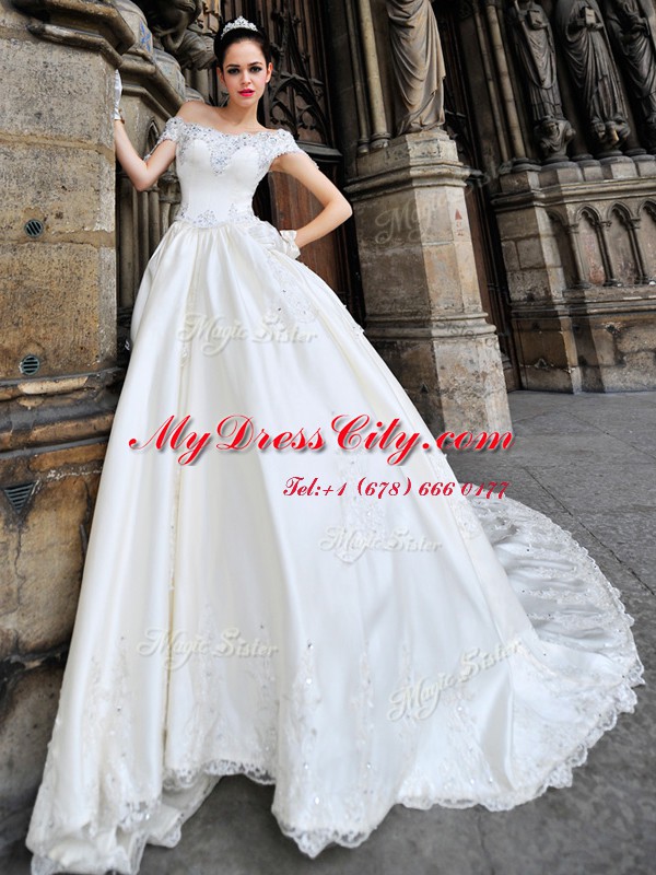 White Satin Side Zipper Off The Shoulder Cap Sleeves Wedding Gown Cathedral Train Beading and Lace and Appliques