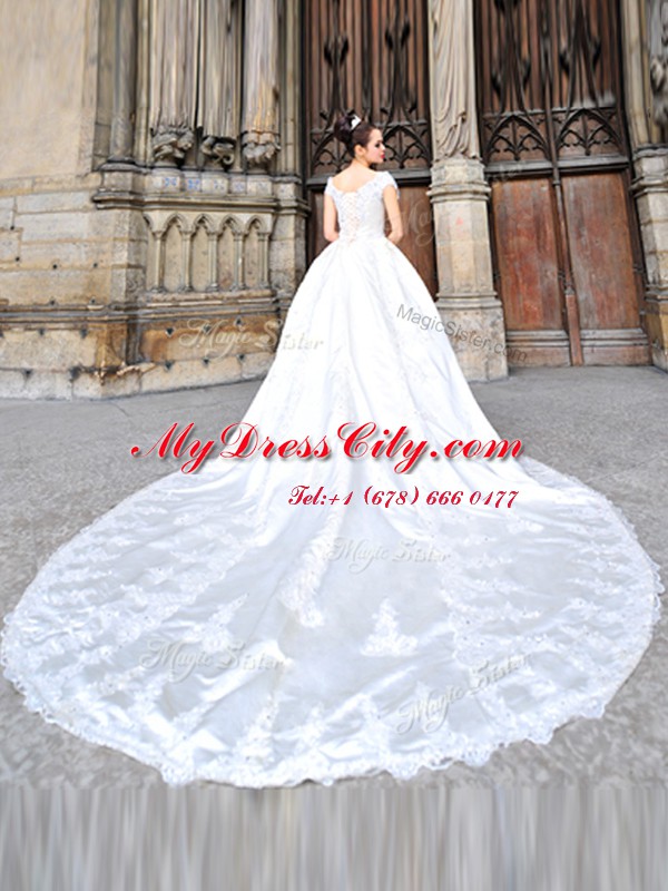 White Satin Side Zipper Off The Shoulder Cap Sleeves Wedding Gown Cathedral Train Beading and Lace and Appliques