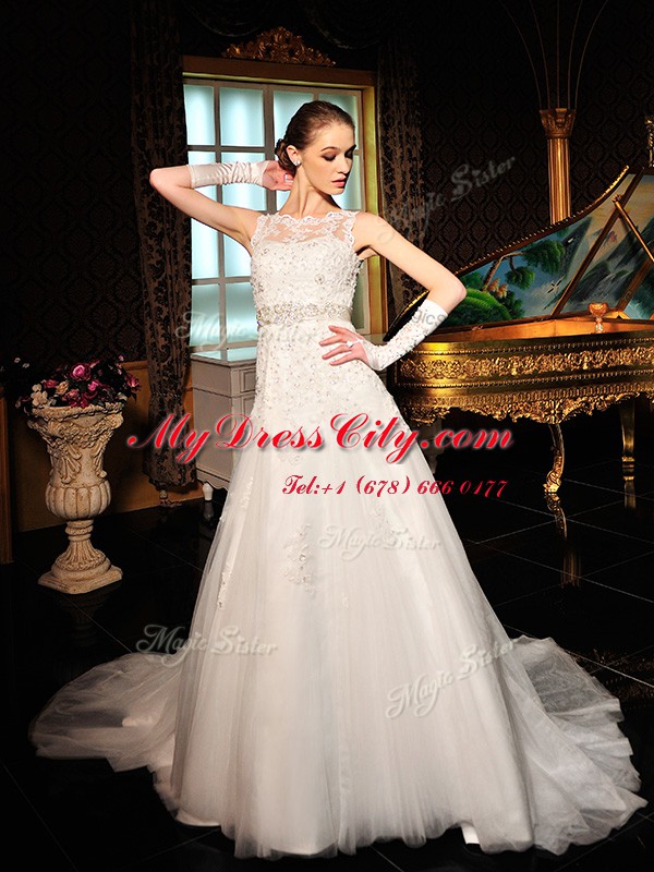 Customized Scalloped White A-line Lace Wedding Gown Zipper Tulle and Lace Sleeveless