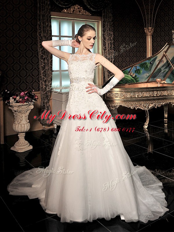 Customized Scalloped White A-line Lace Wedding Gown Zipper Tulle and Lace Sleeveless