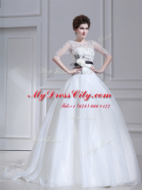 Elegant Scoop White Half Sleeves Organza Brush Train Zipper Wedding Dress for Wedding Party