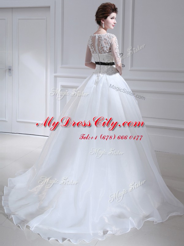 Elegant Scoop White Half Sleeves Organza Brush Train Zipper Wedding Dress for Wedding Party