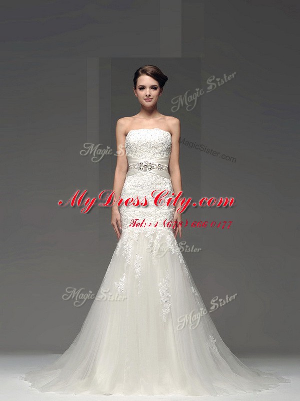 Lovely White Mermaid Lace and Appliques Wedding Dresses Side Zipper Tulle and Lace Sleeveless With Train