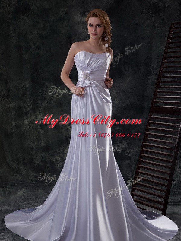 Extravagant Silver Lace Up Wedding Gowns Beading and Ruching and Bowknot Sleeveless Brush Train