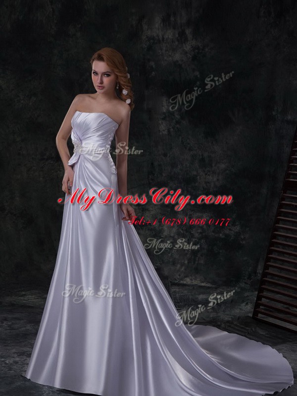 Extravagant Silver Lace Up Wedding Gowns Beading and Ruching and Bowknot Sleeveless Brush Train