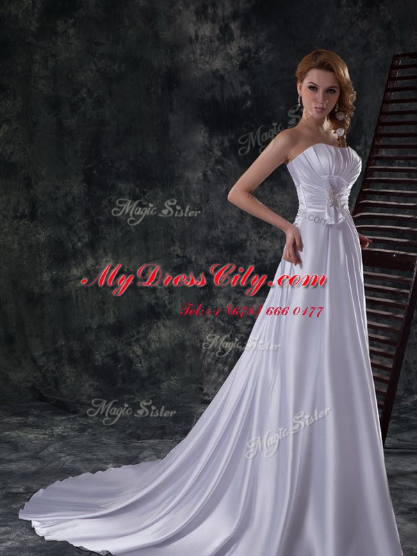 Extravagant Silver Lace Up Wedding Gowns Beading and Ruching and Bowknot Sleeveless Brush Train