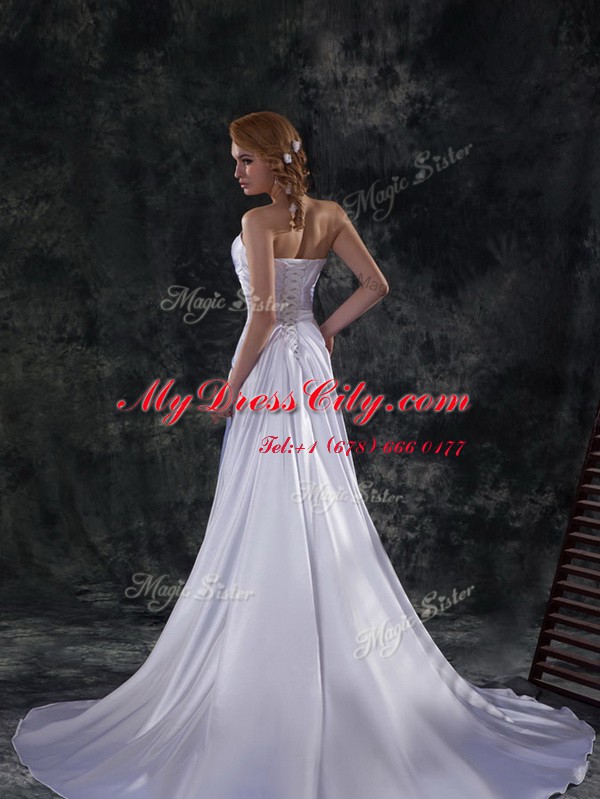 Extravagant Silver Lace Up Wedding Gowns Beading and Ruching and Bowknot Sleeveless Brush Train