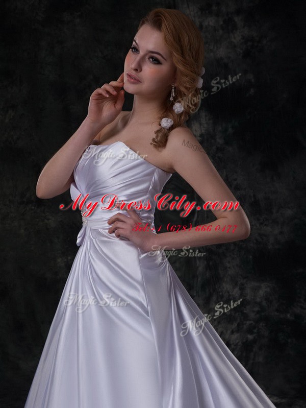 Extravagant Silver Lace Up Wedding Gowns Beading and Ruching and Bowknot Sleeveless Brush Train