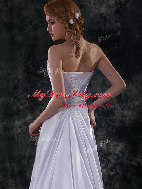 Extravagant Silver Lace Up Wedding Gowns Beading and Ruching and Bowknot Sleeveless Brush Train