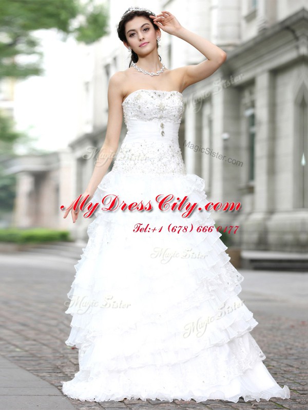 Top Selling Ruffled Strapless Sleeveless Lace Up Bridal Gown White Organza