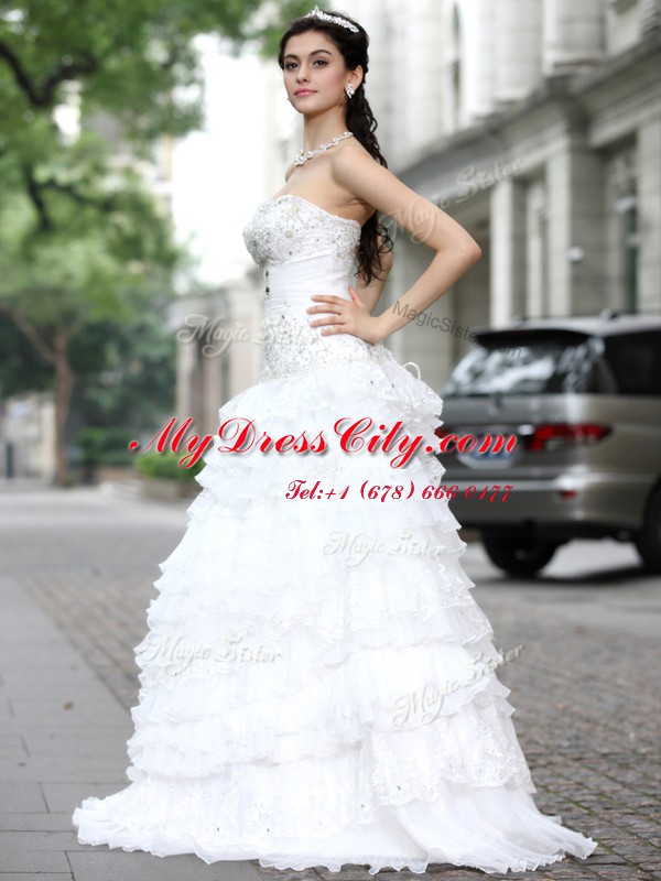 Top Selling Ruffled Strapless Sleeveless Lace Up Bridal Gown White Organza