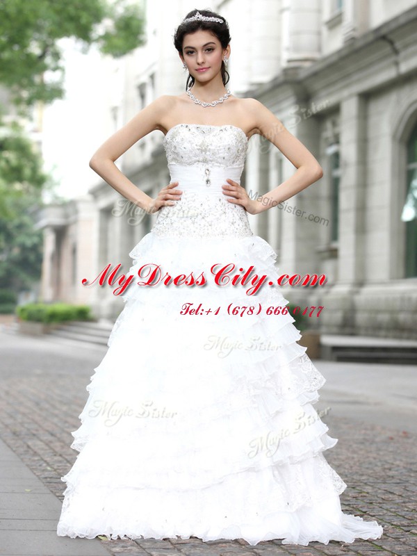 Top Selling Ruffled Strapless Sleeveless Lace Up Bridal Gown White Organza