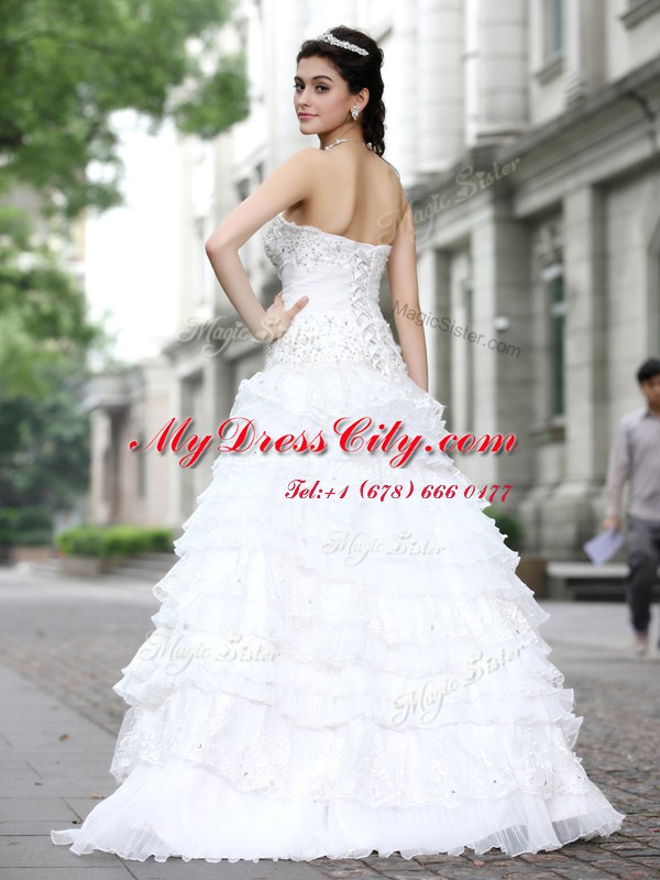 Top Selling Ruffled Strapless Sleeveless Lace Up Bridal Gown White Organza