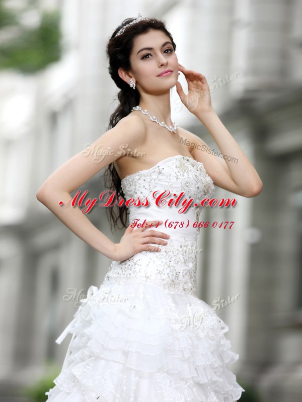 Top Selling Ruffled Strapless Sleeveless Lace Up Bridal Gown White Organza