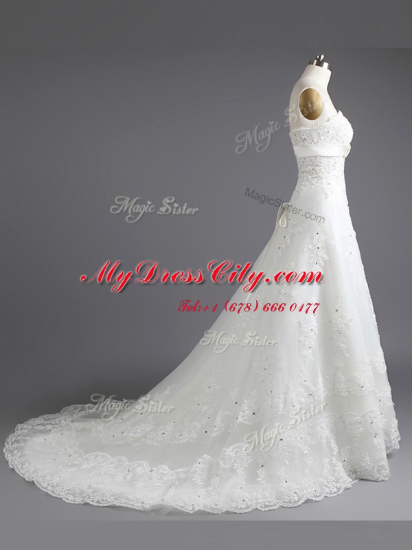 Glittering Sleeveless Lace With Train Court Train Lace Up Wedding Gowns in White with Beading and Lace