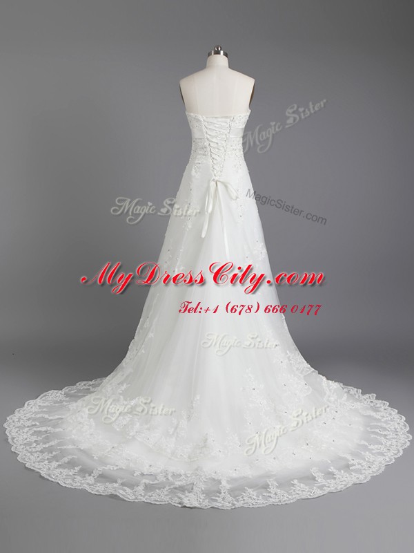 Glittering Sleeveless Lace With Train Court Train Lace Up Wedding Gowns in White with Beading and Lace