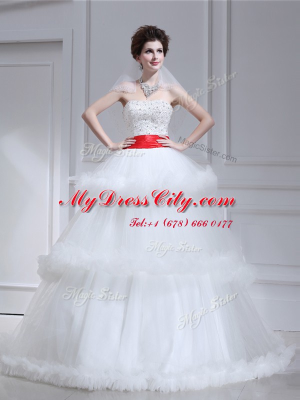 White Lace Up Strapless Beading and Ruffled Layers Bridal Gown Tulle Sleeveless Brush Train