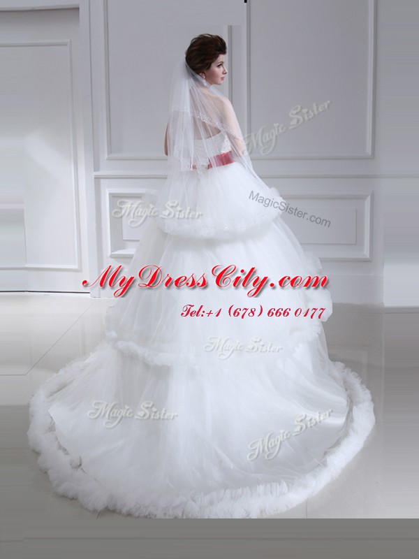 White Lace Up Strapless Beading and Ruffled Layers Bridal Gown Tulle Sleeveless Brush Train