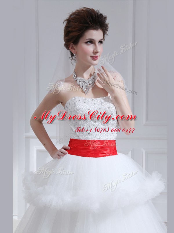 White Lace Up Strapless Beading and Ruffled Layers Bridal Gown Tulle Sleeveless Brush Train