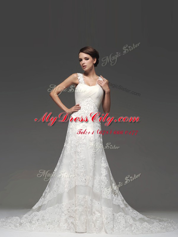 Sleeveless Brush Train Lace and Appliques Lace Up Wedding Dress