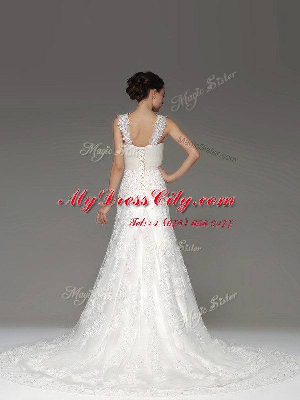 Sleeveless Brush Train Lace and Appliques Lace Up Wedding Dress