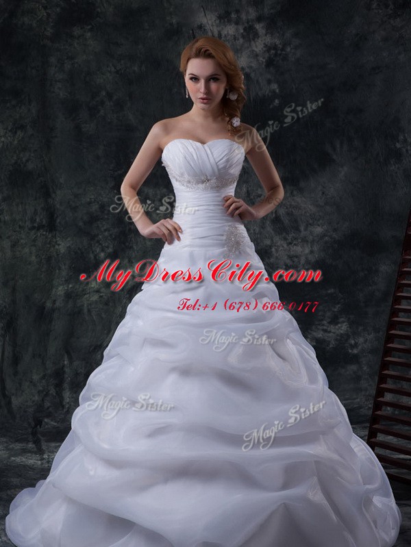 Sleeveless Floor Length Beading and Ruching and Pick Ups Lace Up Wedding Gowns with White Brush Train