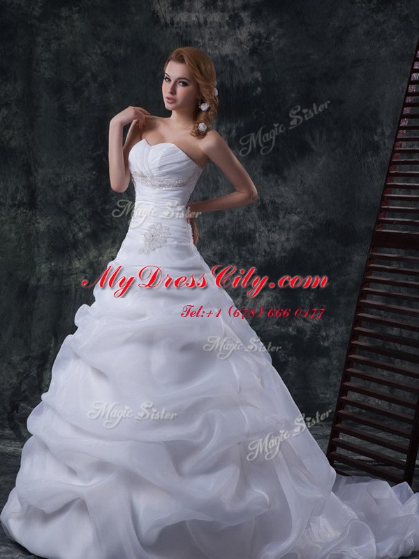 Sleeveless Floor Length Beading and Ruching and Pick Ups Lace Up Wedding Gowns with White Brush Train