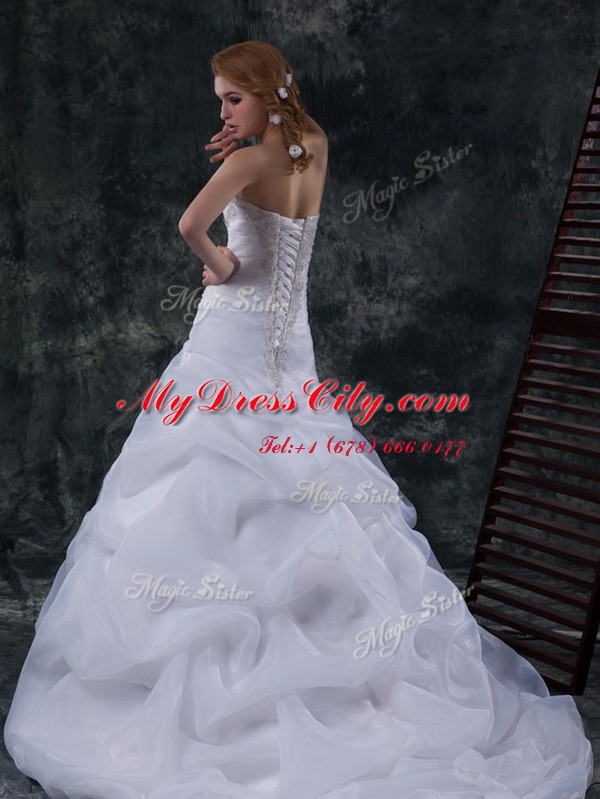 Sleeveless Floor Length Beading and Ruching and Pick Ups Lace Up Wedding Gowns with White Brush Train