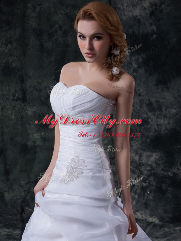 Sleeveless Floor Length Beading and Ruching and Pick Ups Lace Up Wedding Gowns with White Brush Train