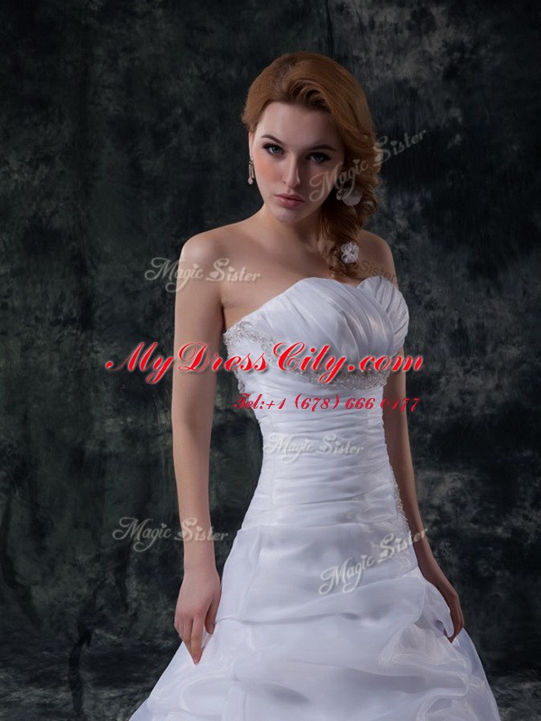 Sleeveless Floor Length Beading and Ruching and Pick Ups Lace Up Wedding Gowns with White Brush Train