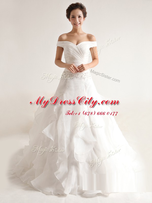 Best Selling White Off The Shoulder Zipper Beading and Ruffles Bridal Gown Court Train Sleeveless