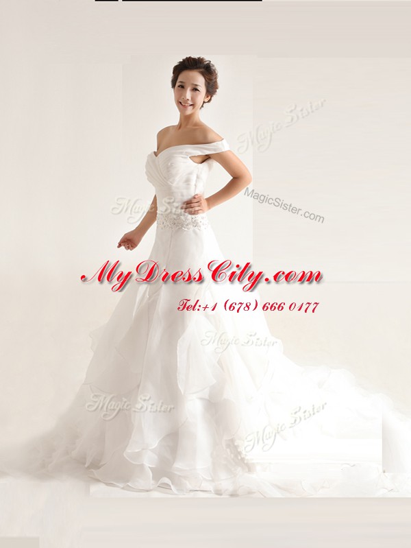 Best Selling White Off The Shoulder Zipper Beading and Ruffles Bridal Gown Court Train Sleeveless