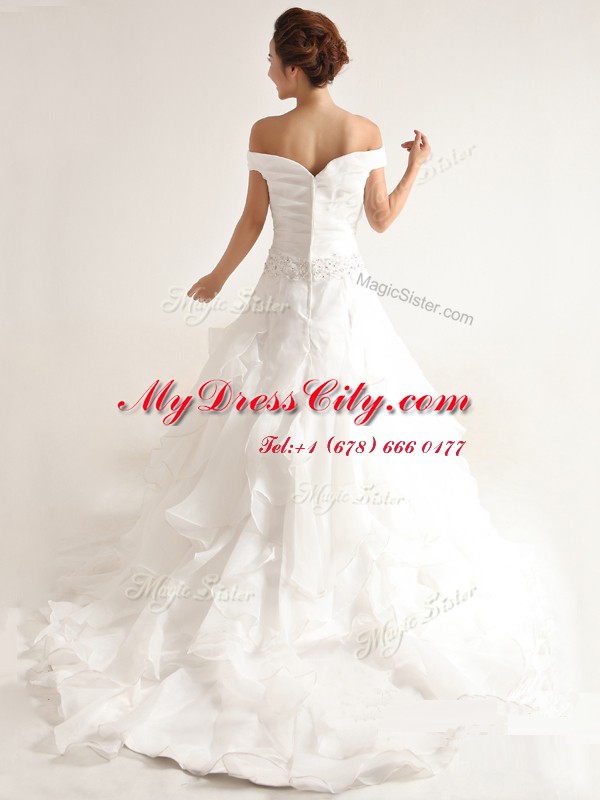 Best Selling White Off The Shoulder Zipper Beading and Ruffles Bridal Gown Court Train Sleeveless