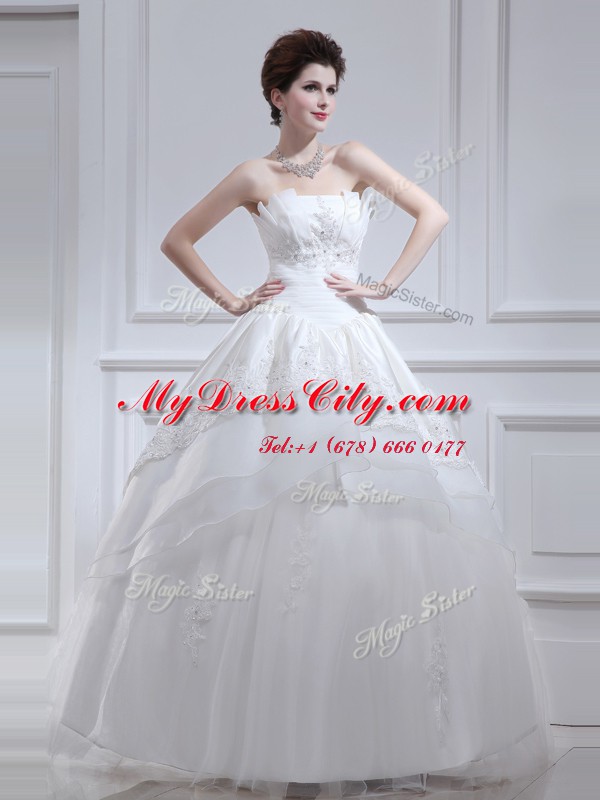 Noble Sleeveless Floor Length Beading and Appliques and Ruffled Layers Lace Up Bridal Gown with White