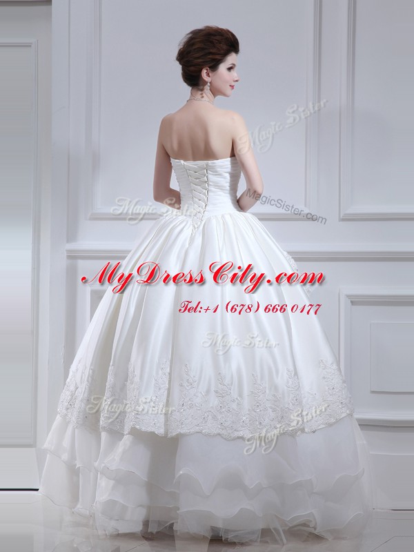 Noble Sleeveless Floor Length Beading and Appliques and Ruffled Layers Lace Up Bridal Gown with White