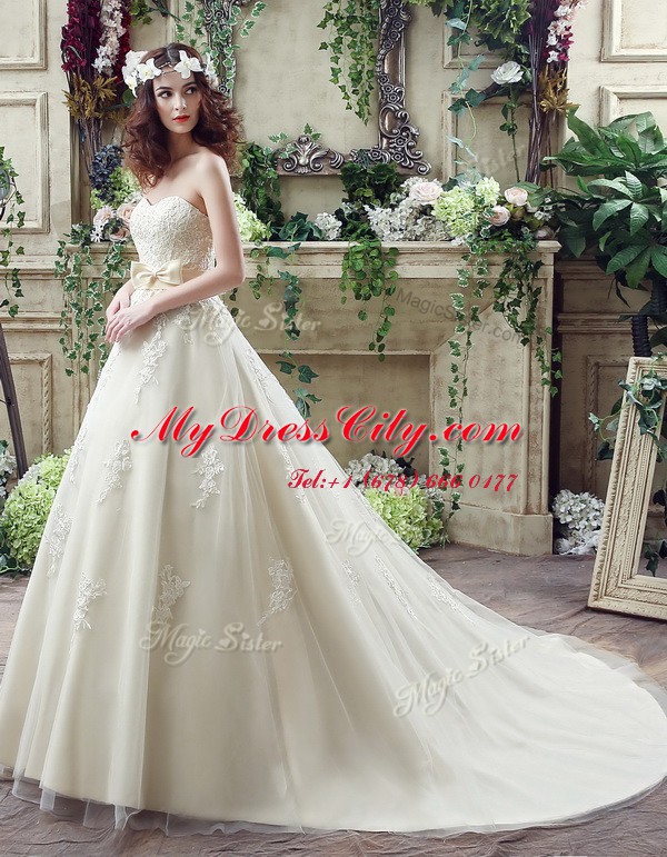 Discount A-line Sleeveless Champagne Wedding Dresses Court Train Lace Up