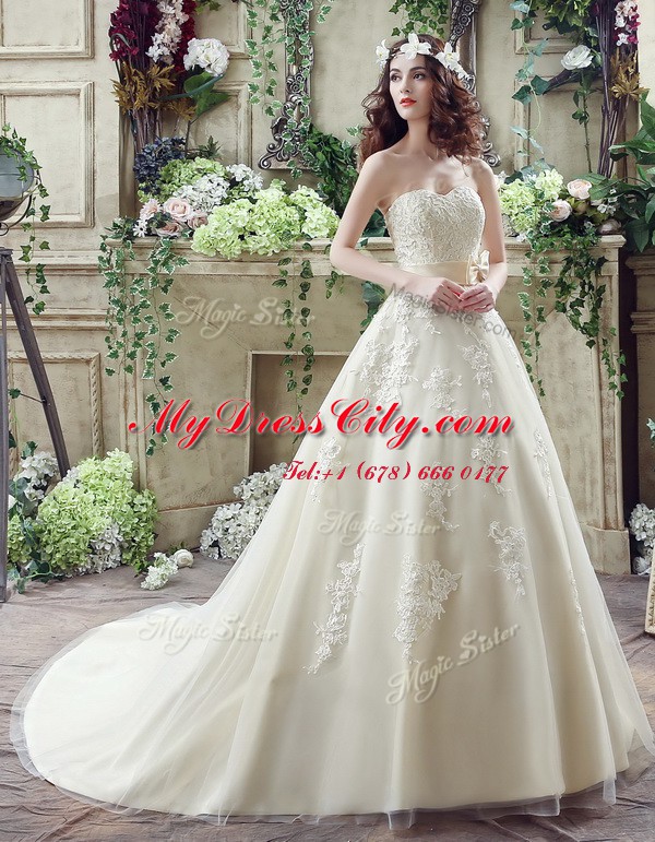 Discount A-line Sleeveless Champagne Wedding Dresses Court Train Lace Up